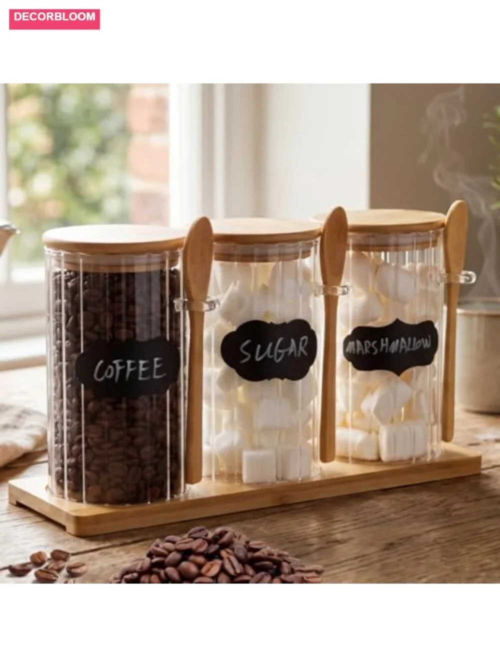 Set of 3 Glass Coffee Canister with Bamboo Lids & Spoons, Airtight Food Storage